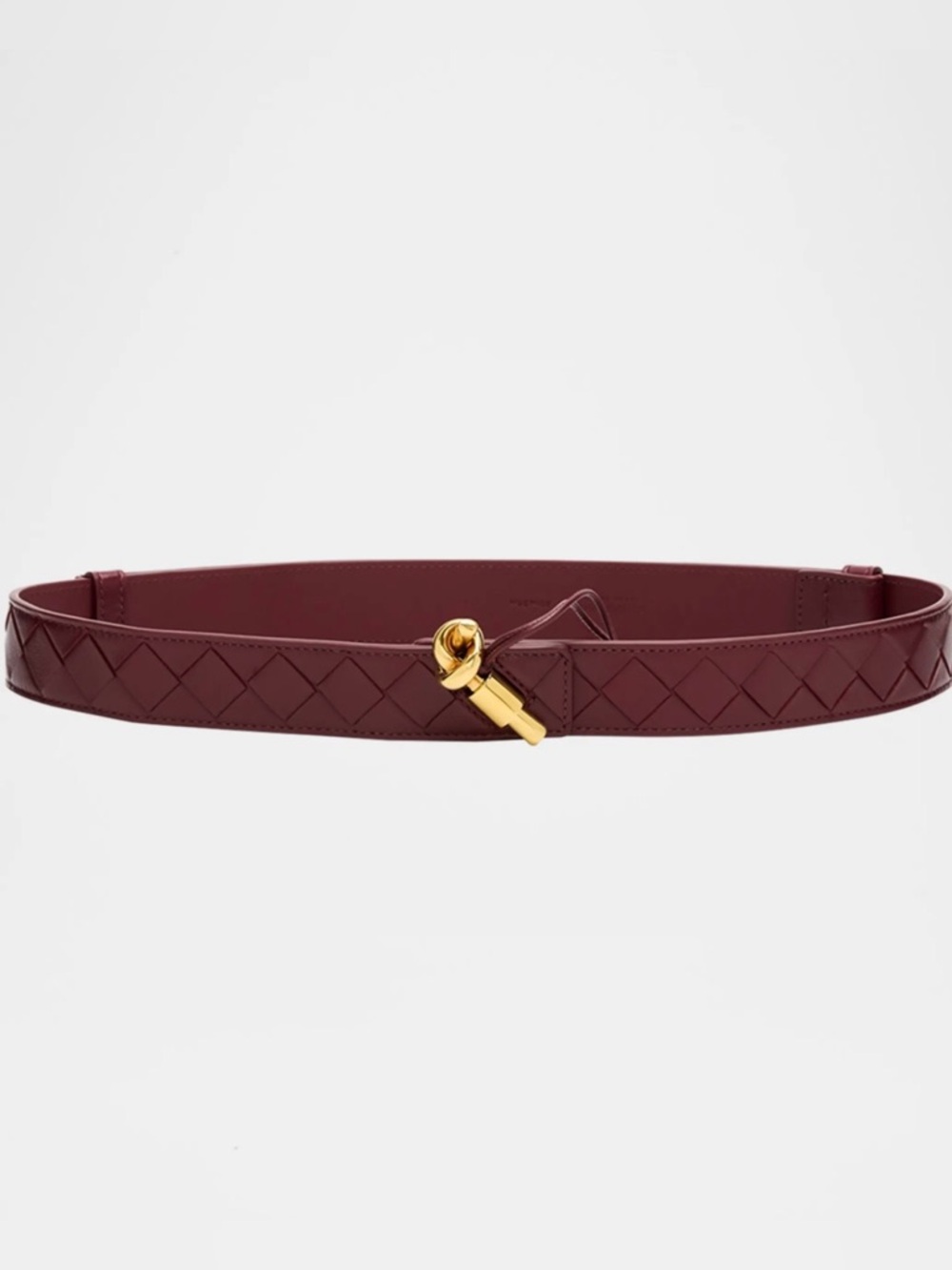 Bottega Veneta Burgundy Woven Leather Belt with Gold Key Accent